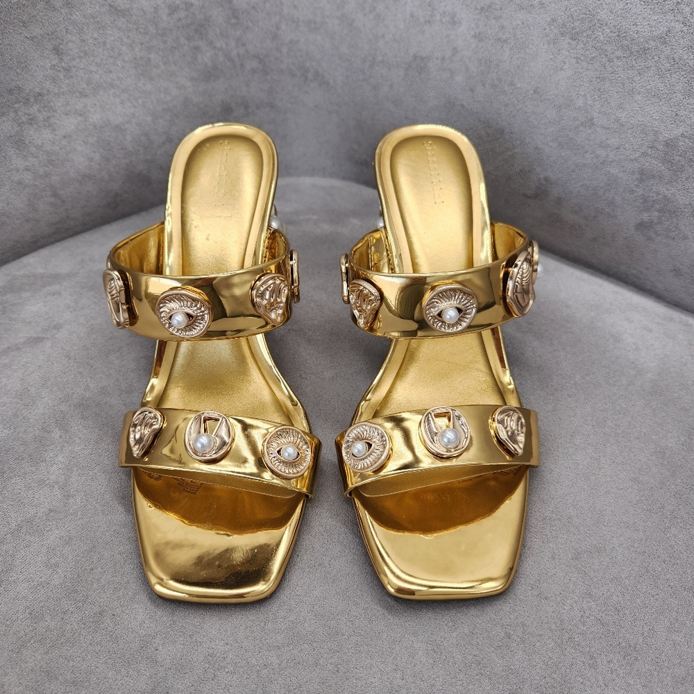 Gianni Bini Dress Sandals 9.5 Gold Penei Architectural Chunky Jewel Heel New$150 - Picture 4 of 17